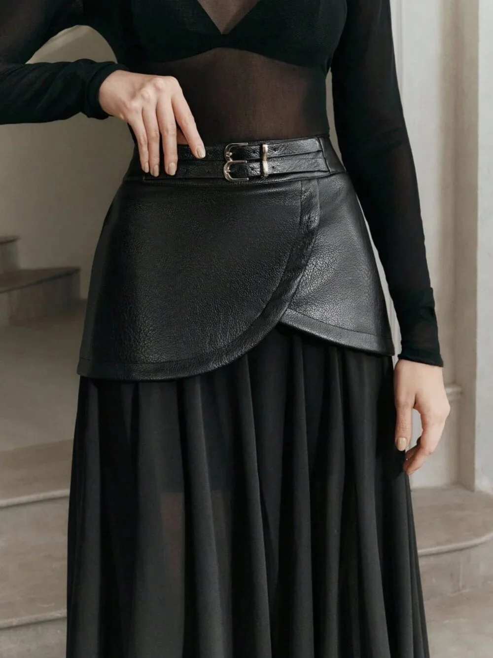 Black Casual Women's High Waist Double Belt Chiffon Patchwork Long Skirt